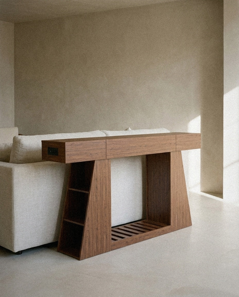 Narrow Console Table with Power Outlet, 60 Inch in a light organic modern interior