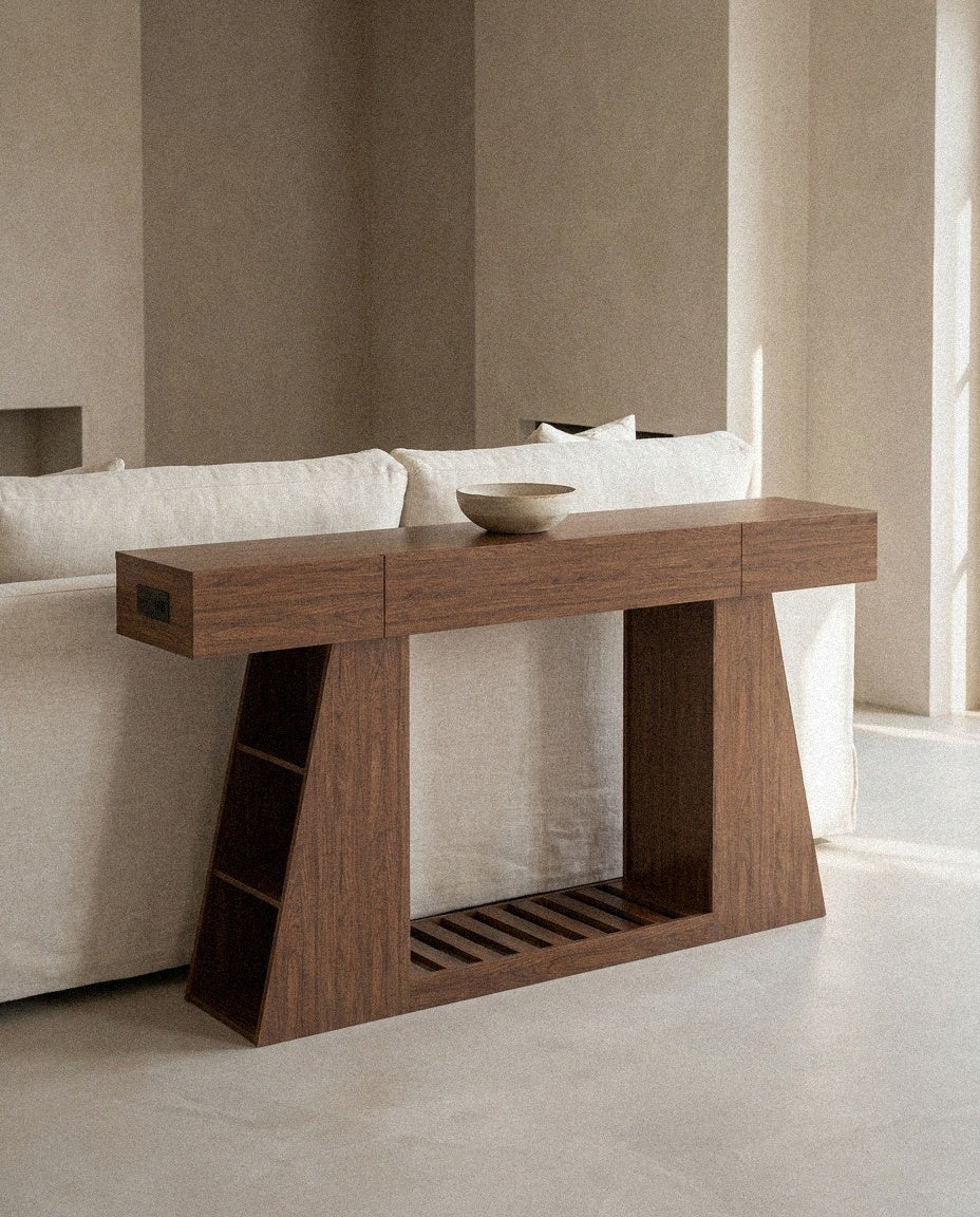 Narrow Console Table with Power Outlet, 60 Inch styled in a minimal, sunlit room