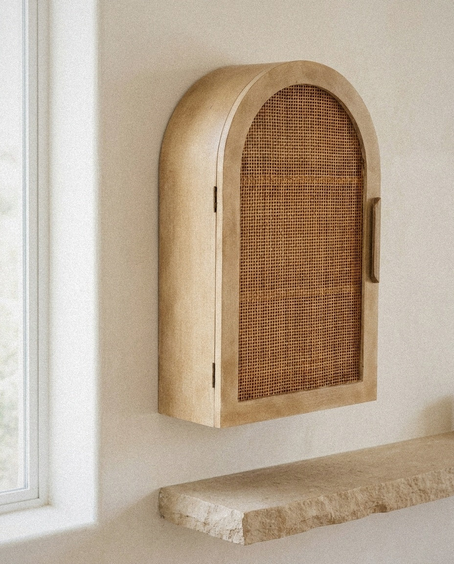 Close-up of Ori Rattan Arch Wall Cabinet showing material and construction