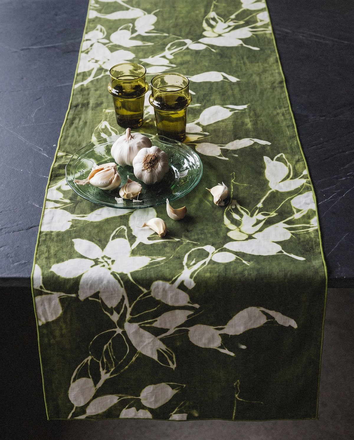 Porto Olive Linen Table Runner - Curora Home