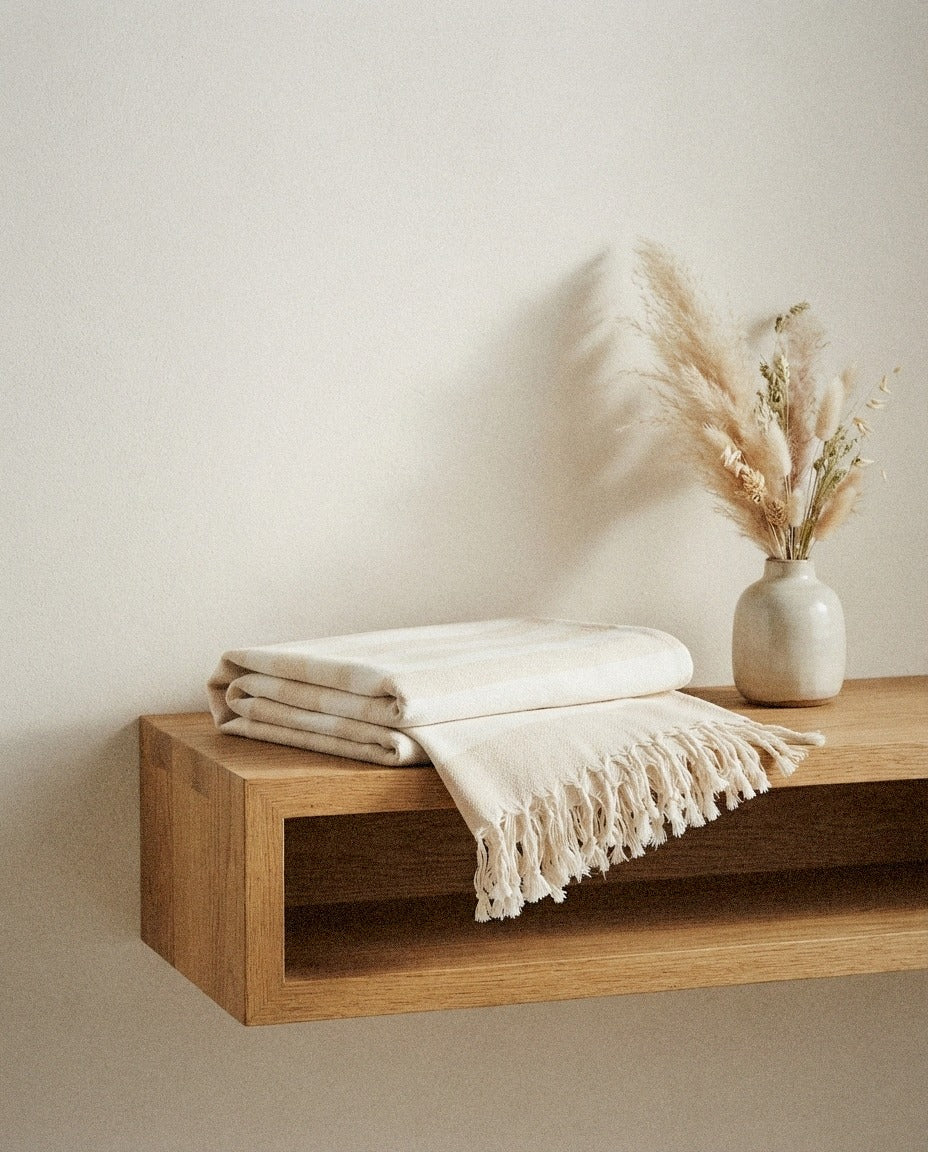 Pure Cotton Hand Towel detail in a warm minimalist bathroom