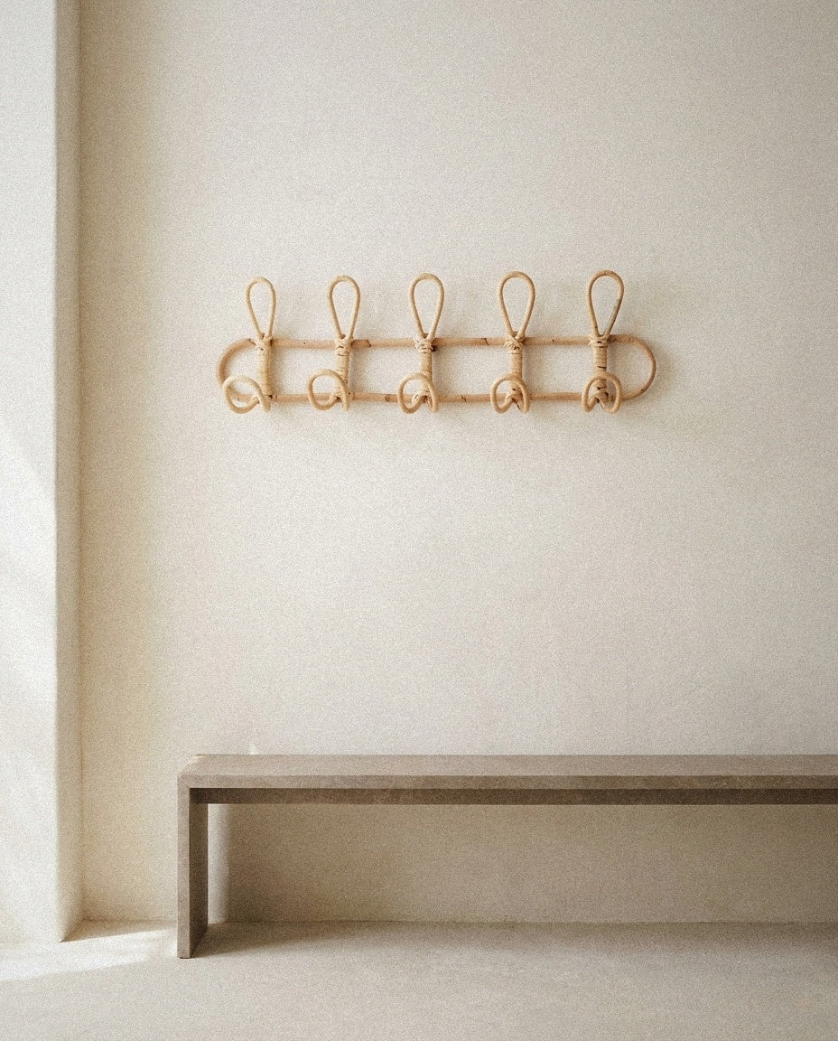 Rattan Wall Hook Rail – 5 Hooks in a light organic modern interior