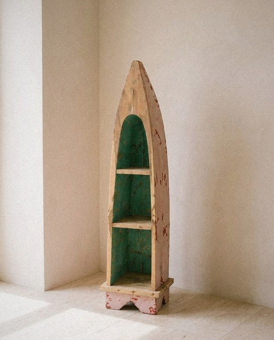 Reclaimed Boat Wood Canoe Shelf in a light organic modern interior