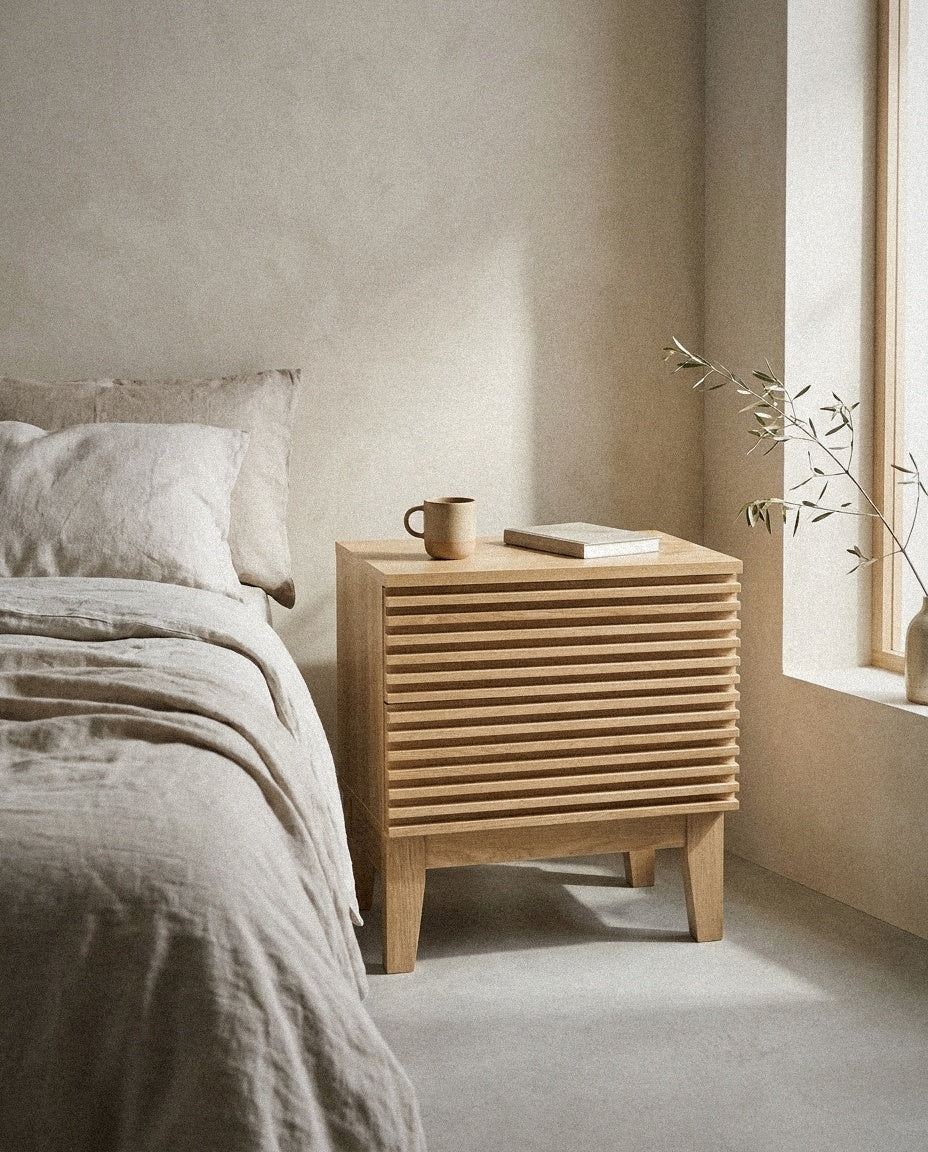 Render 2-Drawer Nightstand styled in a minimal, sunlit room