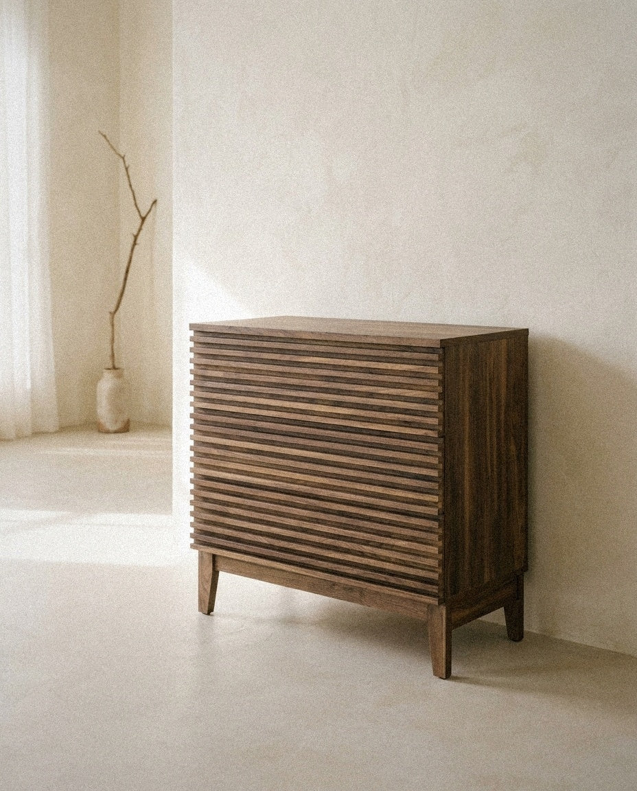 Render Large 3-Drawer Nightstand in a light organic modern interior