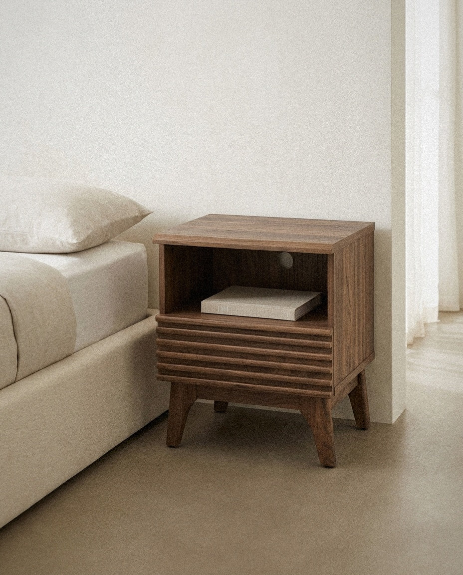 Render Nightstand styled in a minimal, sunlit room