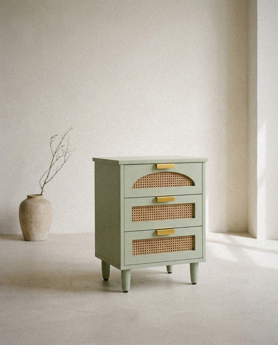 Retro Mint 3-Drawer Nightstand in a light organic modern interior
