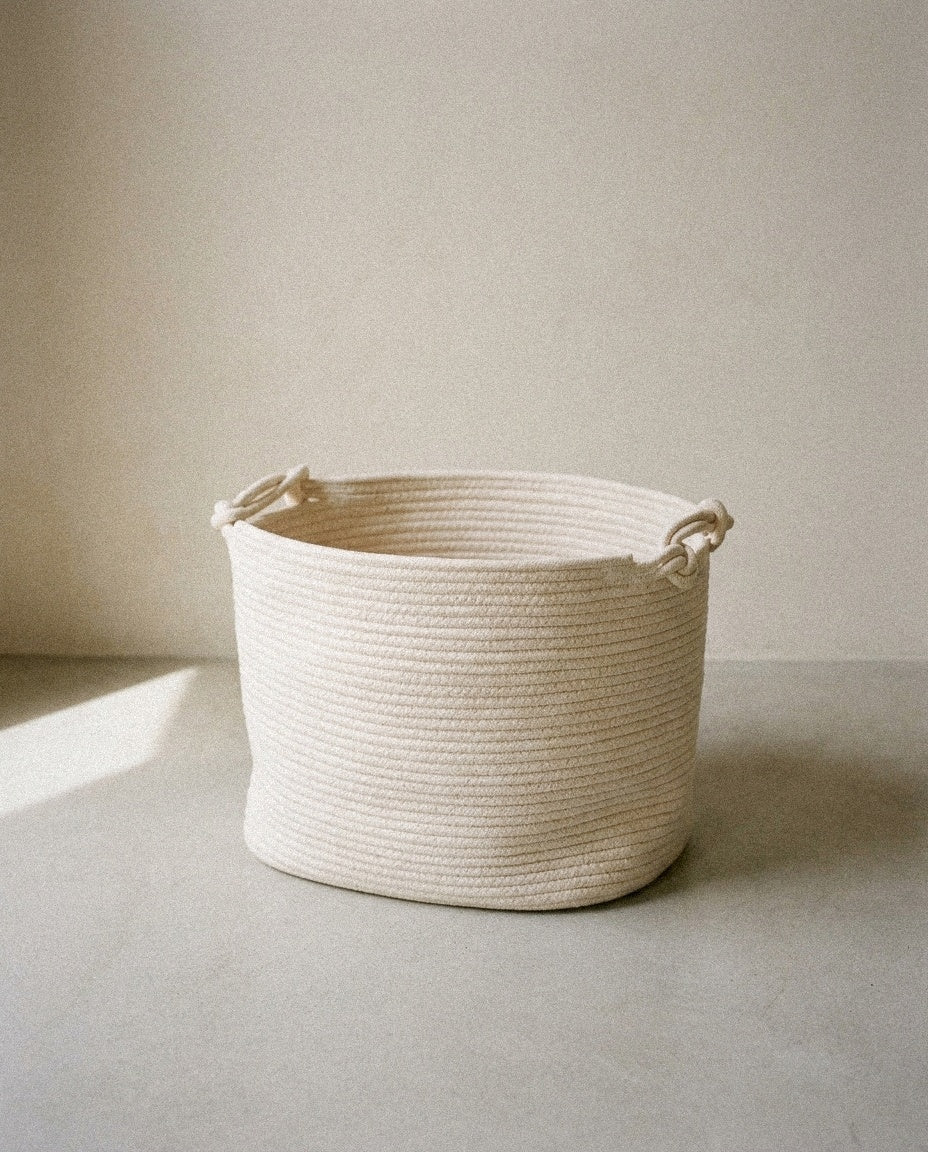 Rope Cube Storage Basket in a light organic modern interior