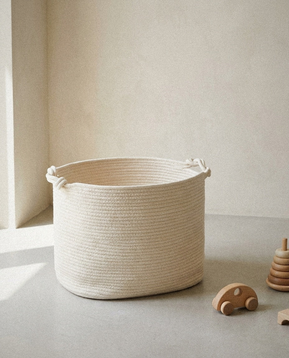 Rope Cube Storage Basket styled in a minimal, sunlit room