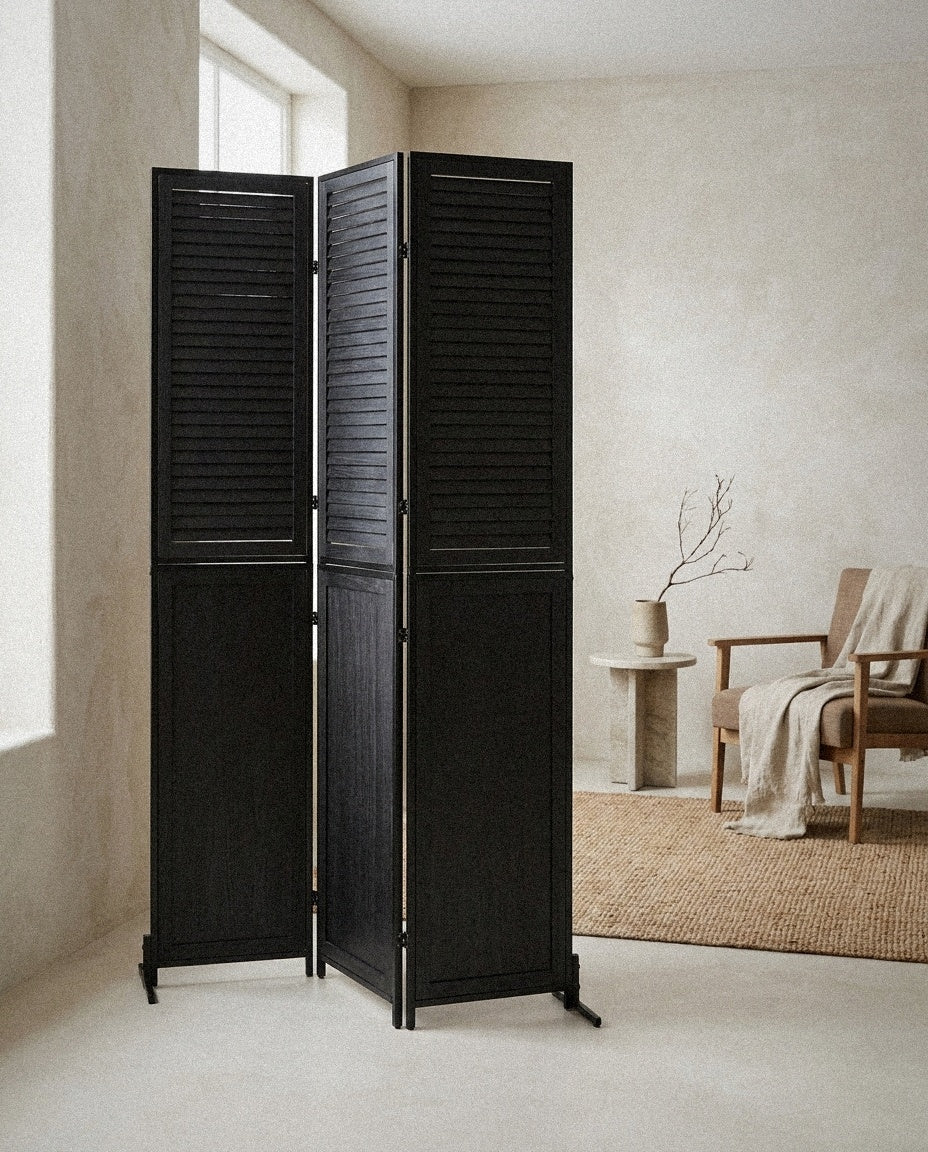 Rustic 3 Panel Room Dividers And Folding Privacy Screen styled in a minimal, sunlit room
