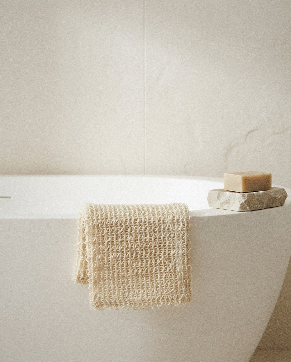 Sisal Washcloth in a calm spa style bathroom setting