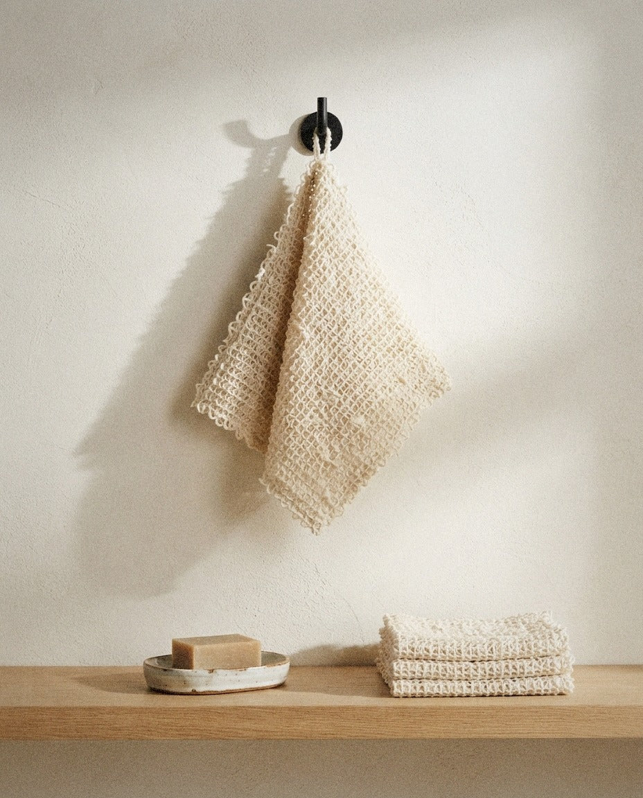Sisal Washcloth detail in a warm minimalist bathroom
