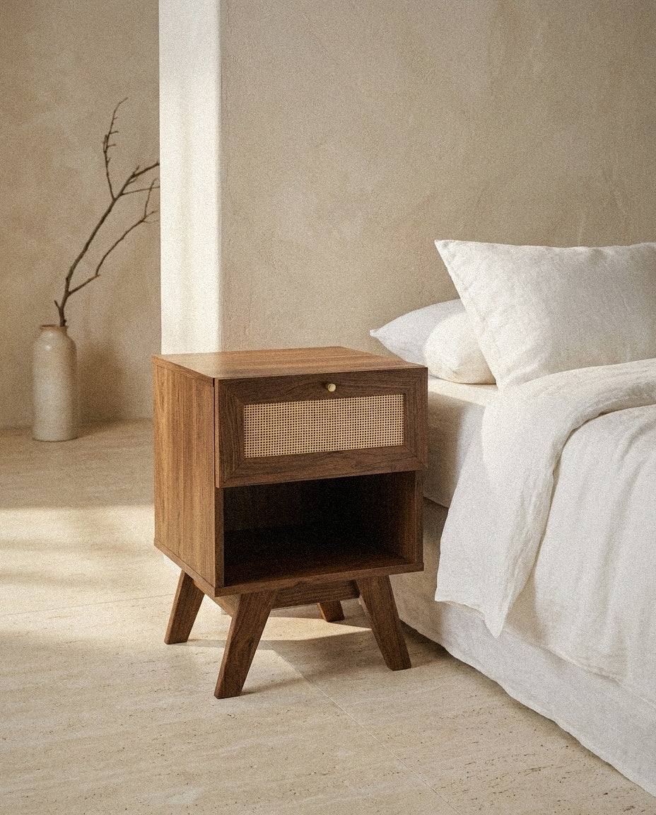 Soma 1-Drawer Nightstand in a light organic modern interior