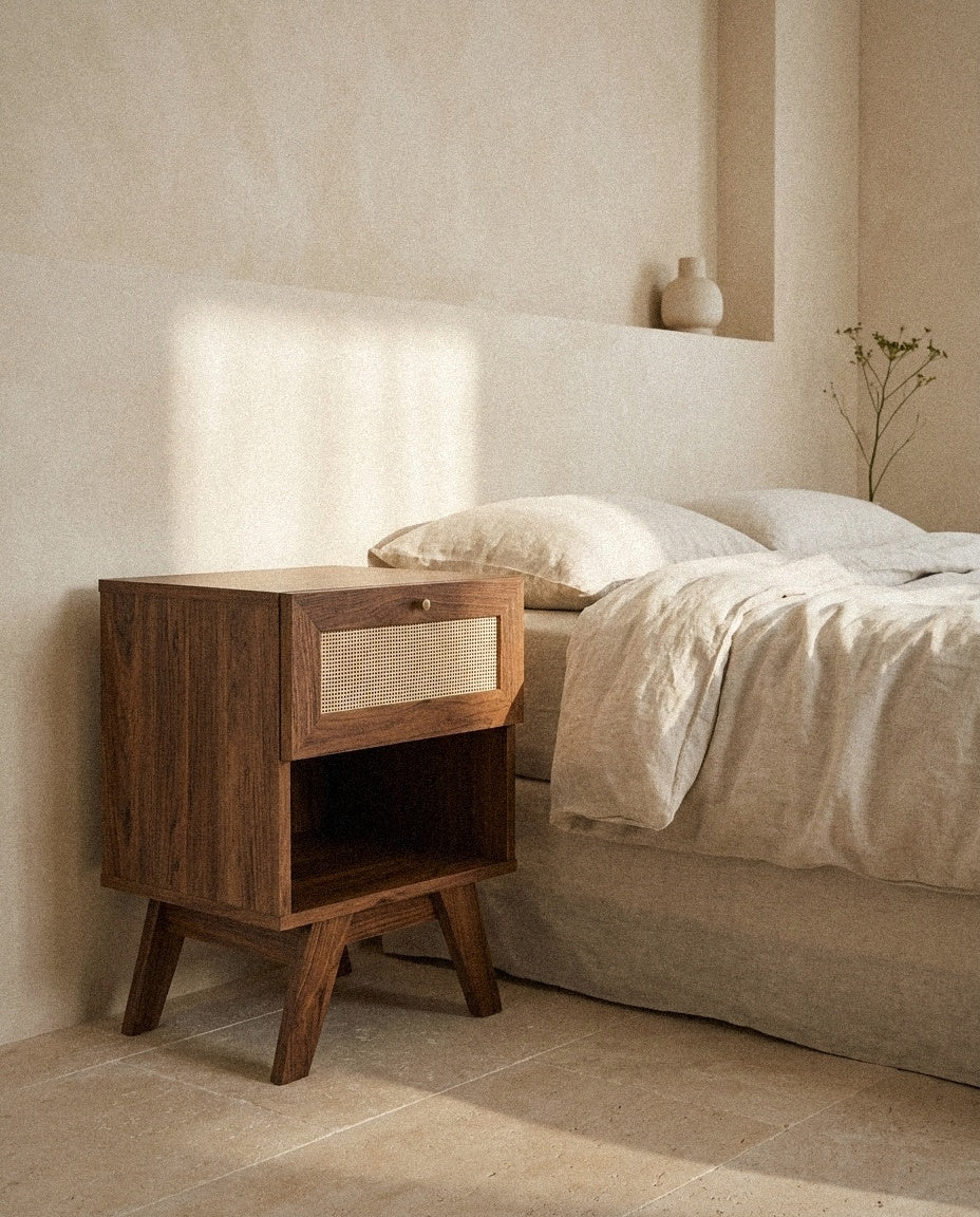 Soma 1-Drawer Nightstand styled in a minimal, sunlit room