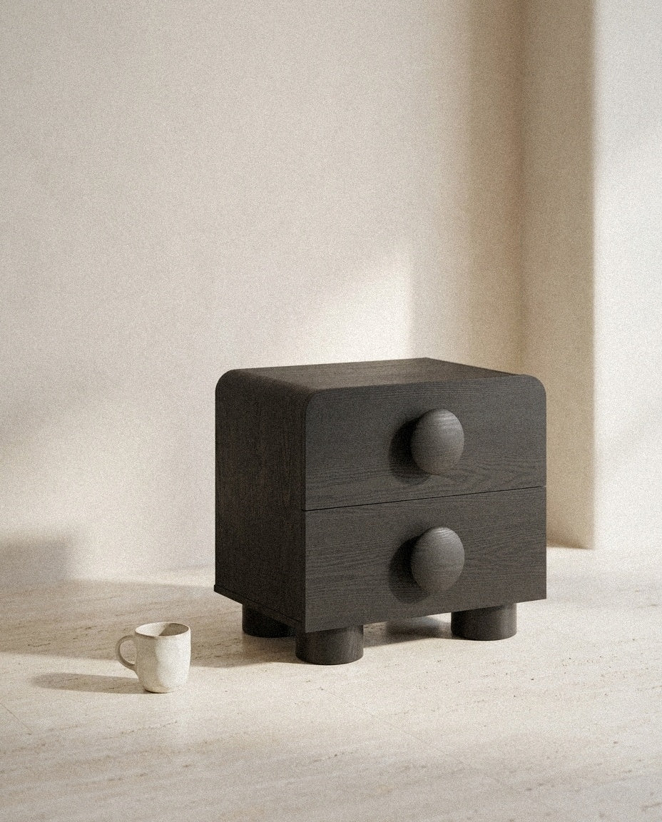 Sonnet 2-Drawer Nightstand styled in a minimal, sunlit room