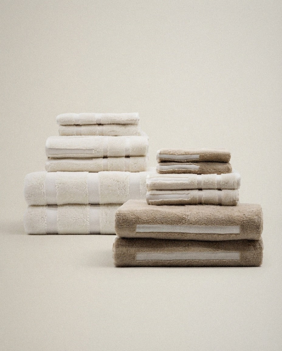 Sorrel Cotton Bath Towels styled in a bright organic modern bathroom