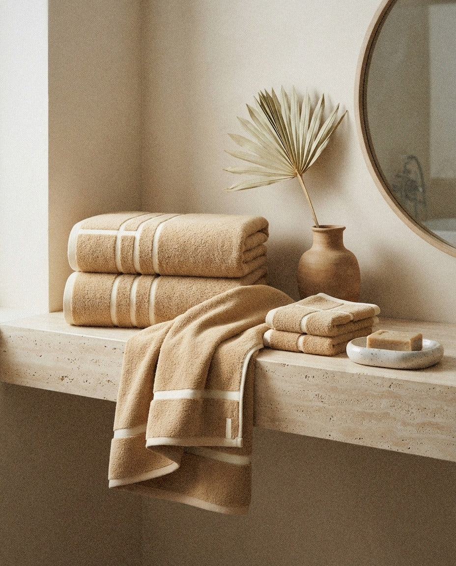Sorrel Cotton Bath Towels in a calm spa style bathroom setting