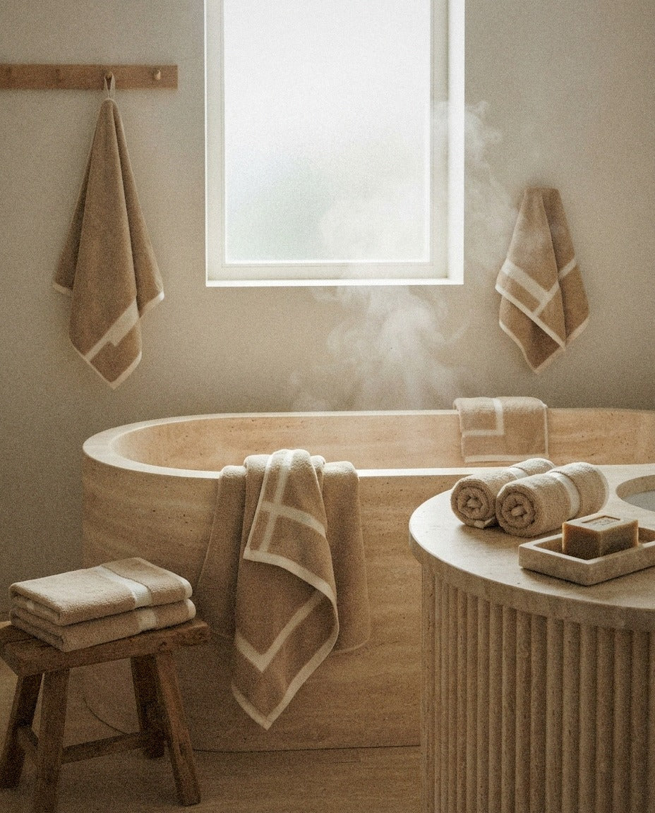 Sorrel Cotton Bath Towels detail in a warm minimalist bathroom