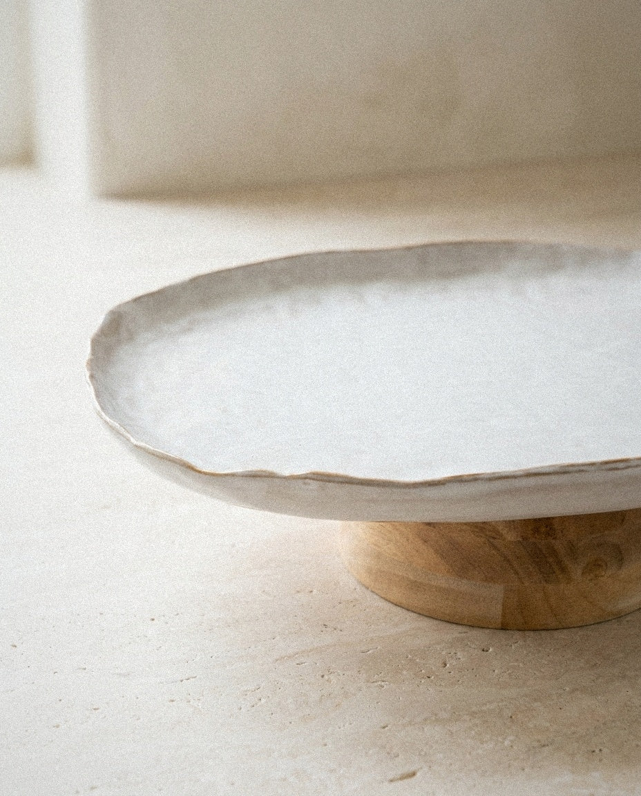 Close-up of Stoneware Pedestal Dish with Acacia Base showing material and construction