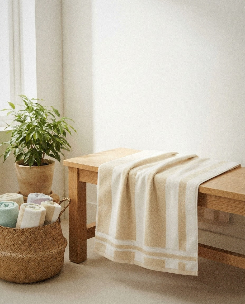 Cabana Striped Beach Towel in a calm spa style bathroom setting