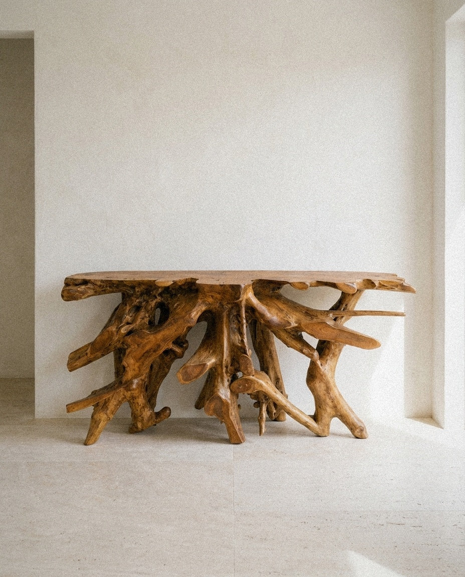 Teak Console Table in a light organic modern interior