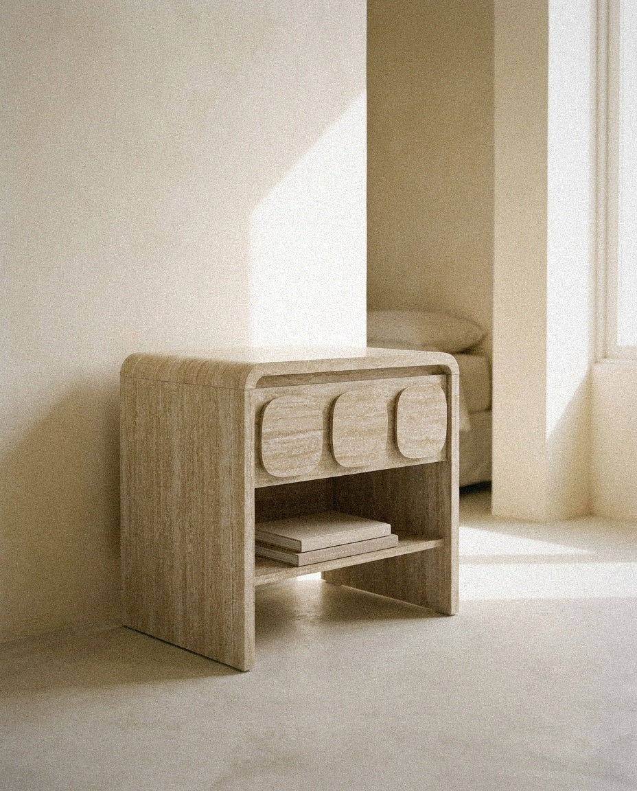 Toscana 1-Drawer Nightstand styled in a minimal, sunlit room