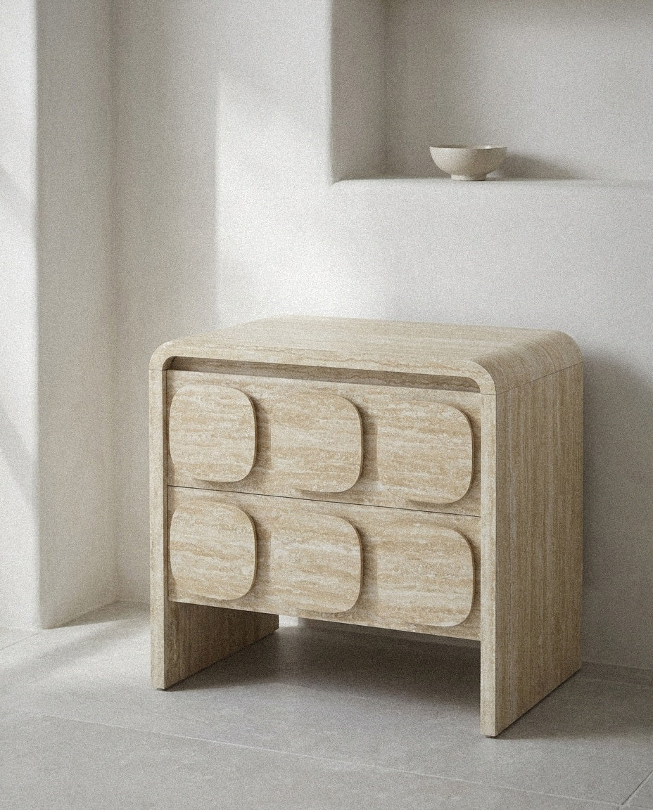 Toscana 2-Drawer Nightstand styled in a minimal, sunlit room