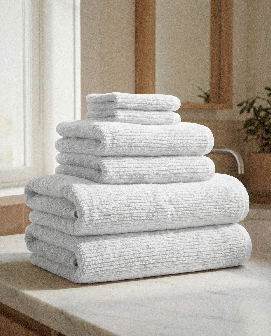 Georgiana Ribbed 6-Piece Towel Set styled in a bright organic modern bathroom