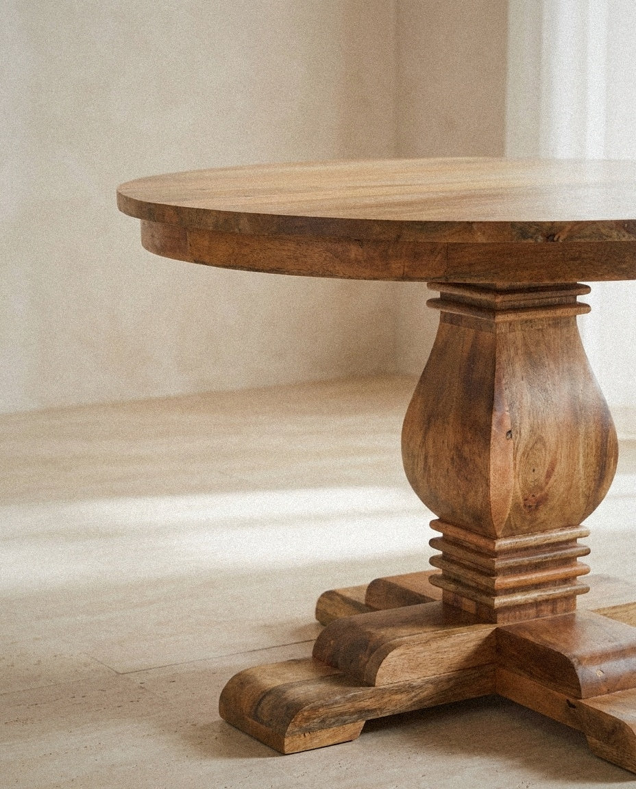 Close-up of Valentina Round Wood Dining Table showing material and construction