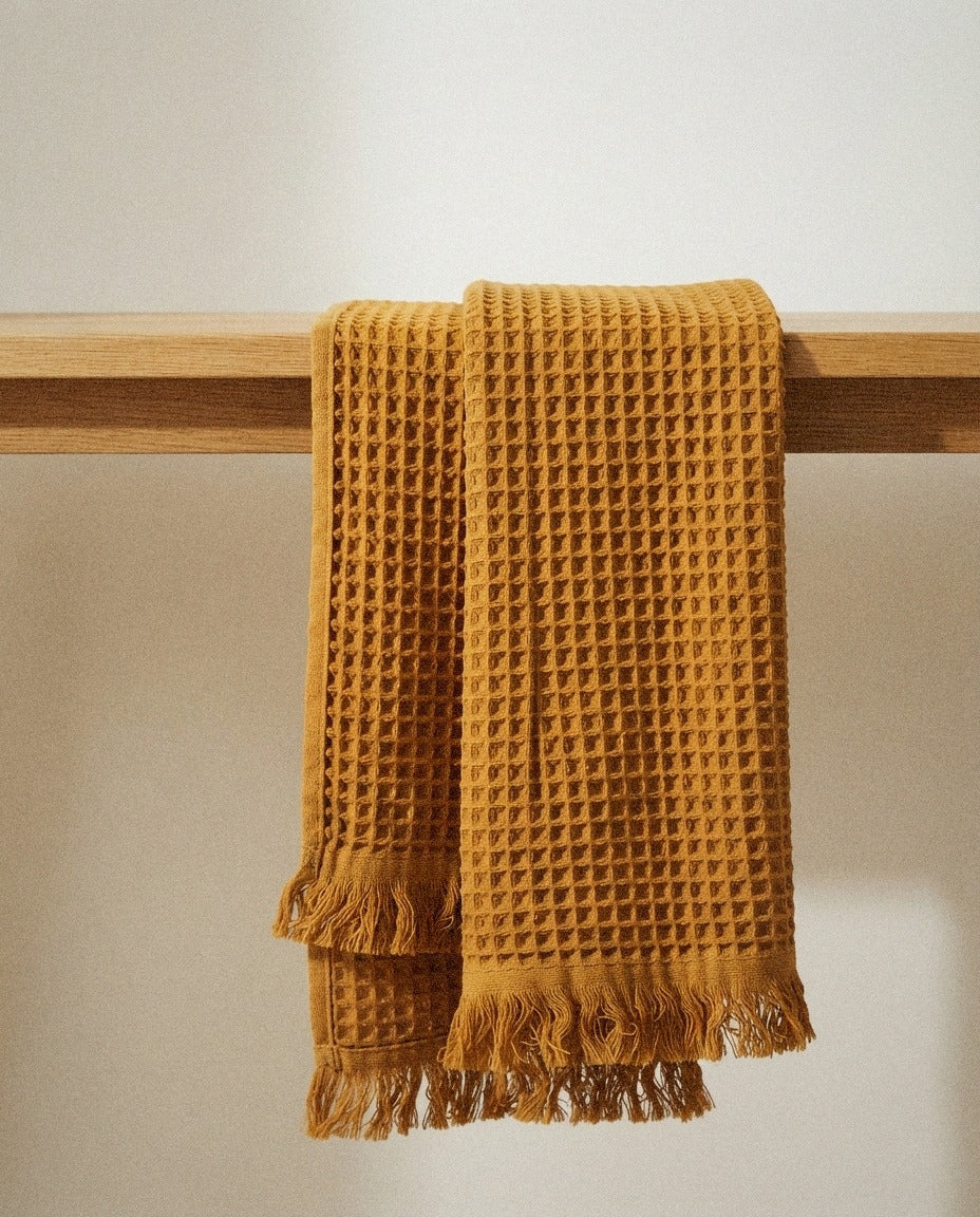 Waffle Hand Towel styled in a bright organic modern bathroom