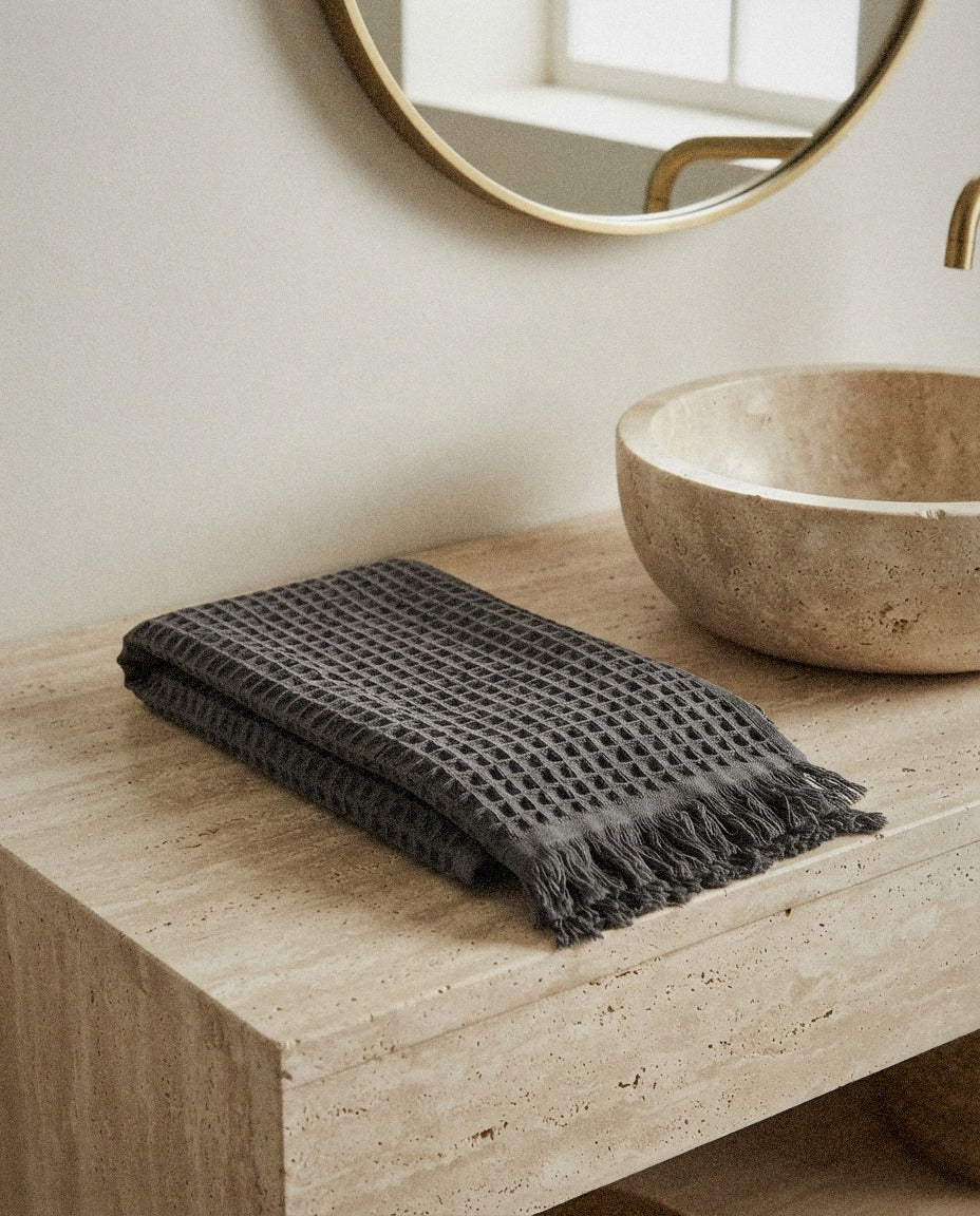 Waffle Hand Towel in a calm spa style bathroom setting