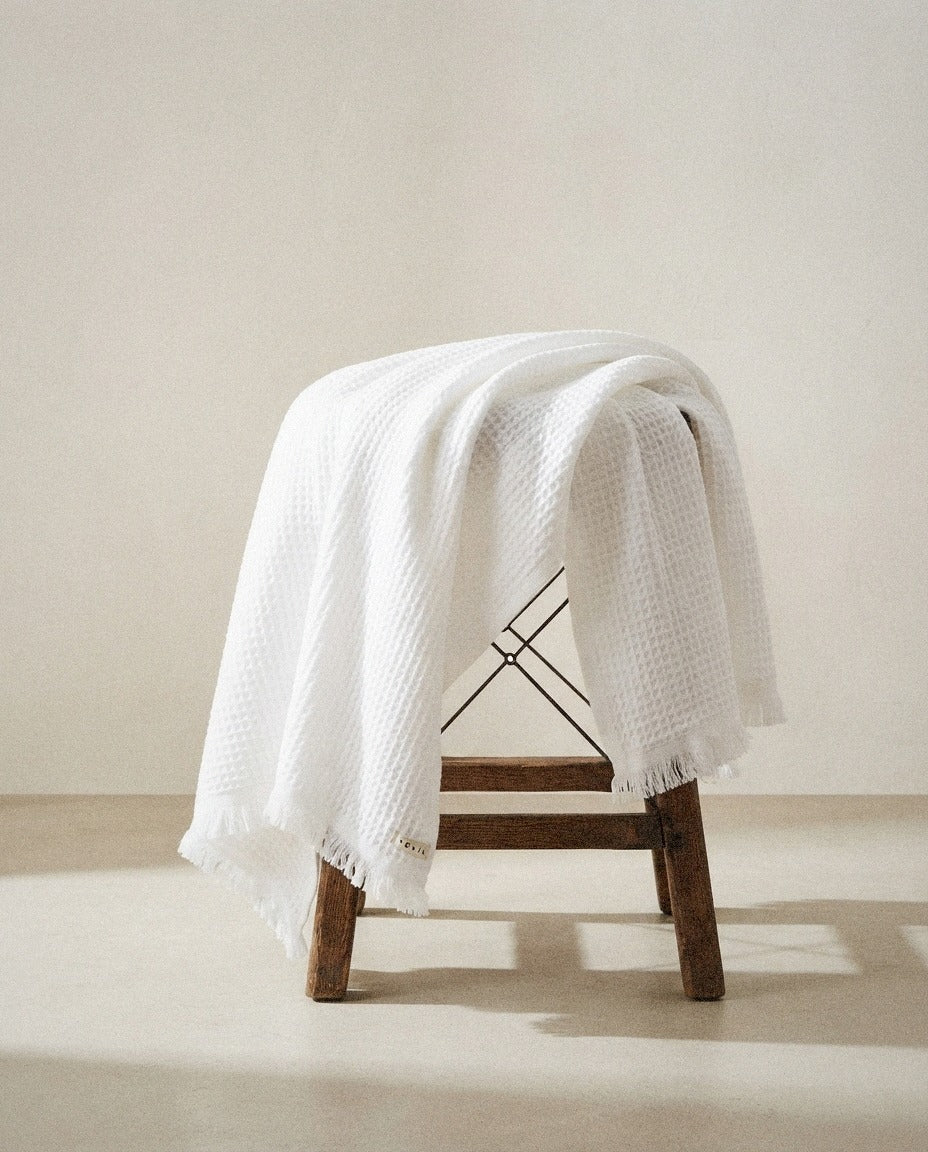 Turkish Waffle Bath Towel styled in a bright organic modern bathroom