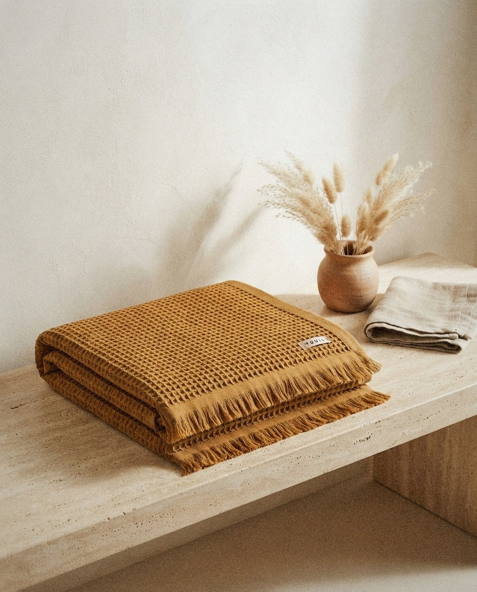 Turkish Waffle Bath Towel in a calm spa style bathroom setting