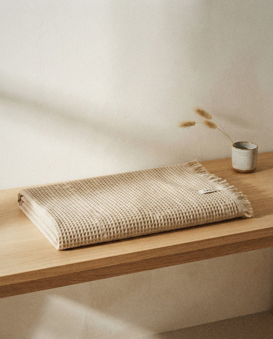 Turkish Waffle Bath Towel – Sand styled in a bright organic modern bathroom