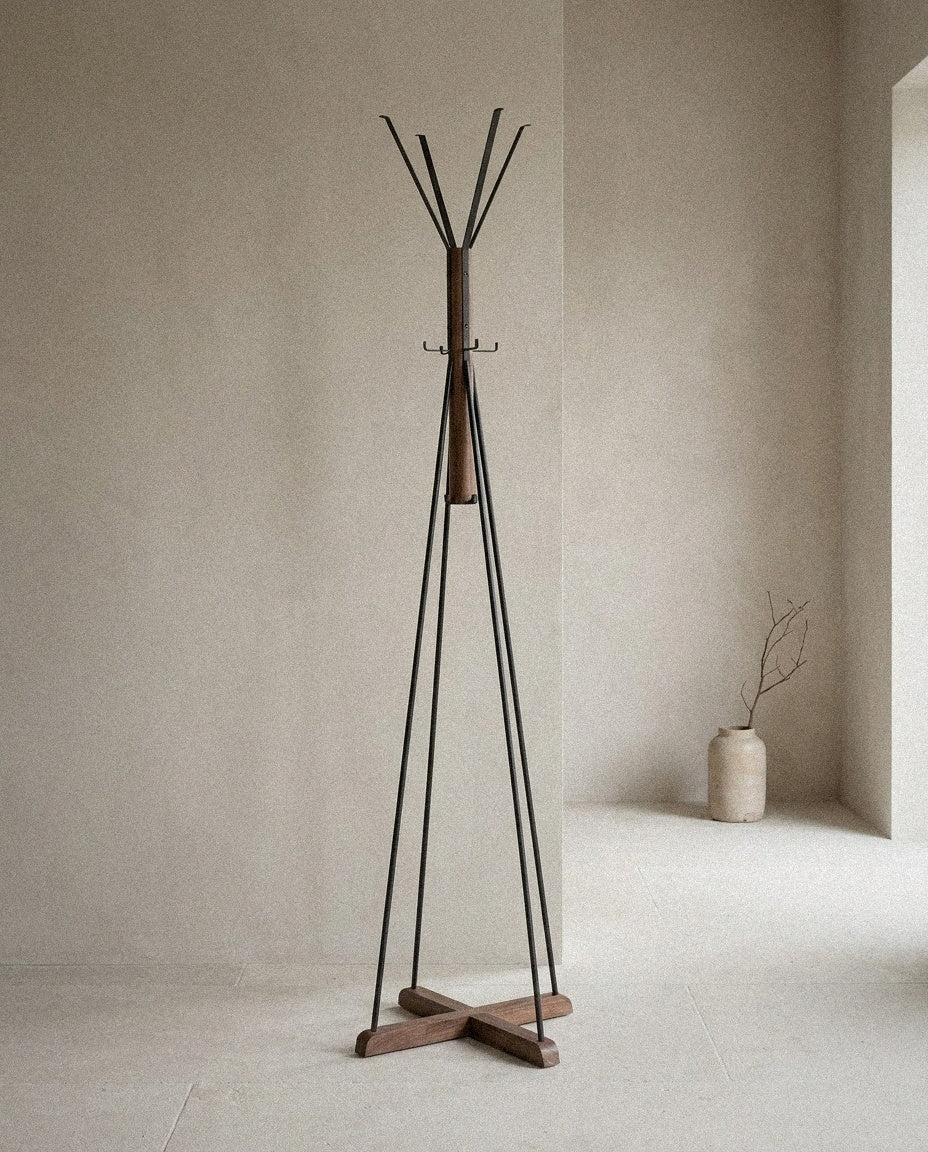 Wood & Metal Freestanding Coat Rack in a light organic modern interior