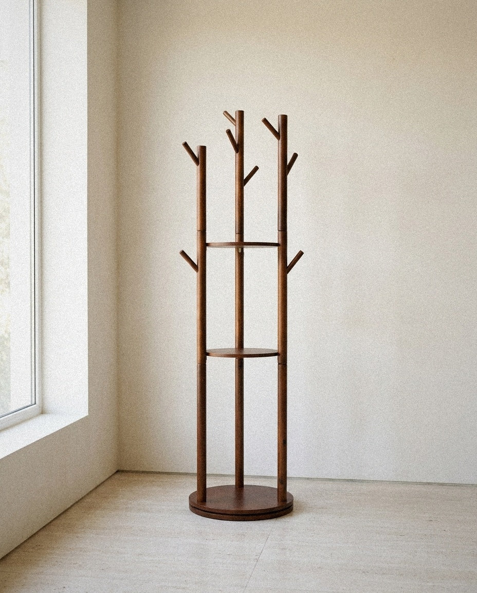 Wooden Rotating Coat Tree with Shelves in a light organic modern interior