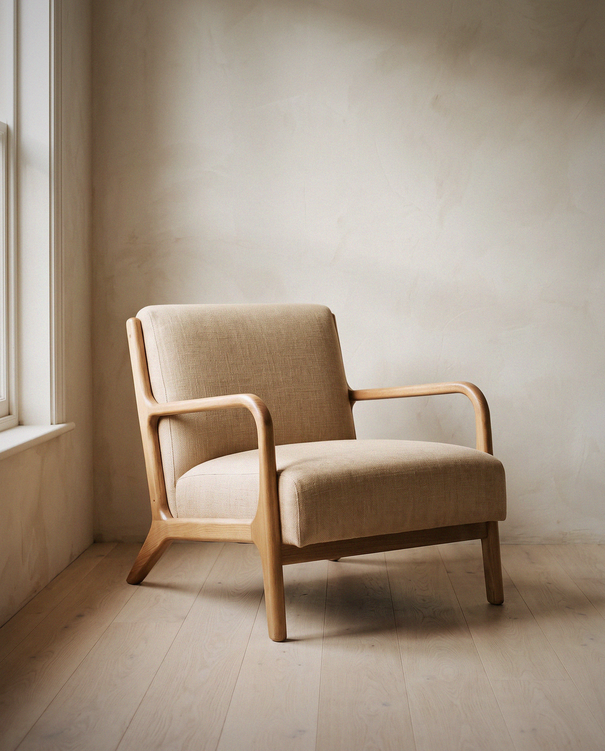 Mid-Century Upholstered Lounge Chair in a bright organic modern interior