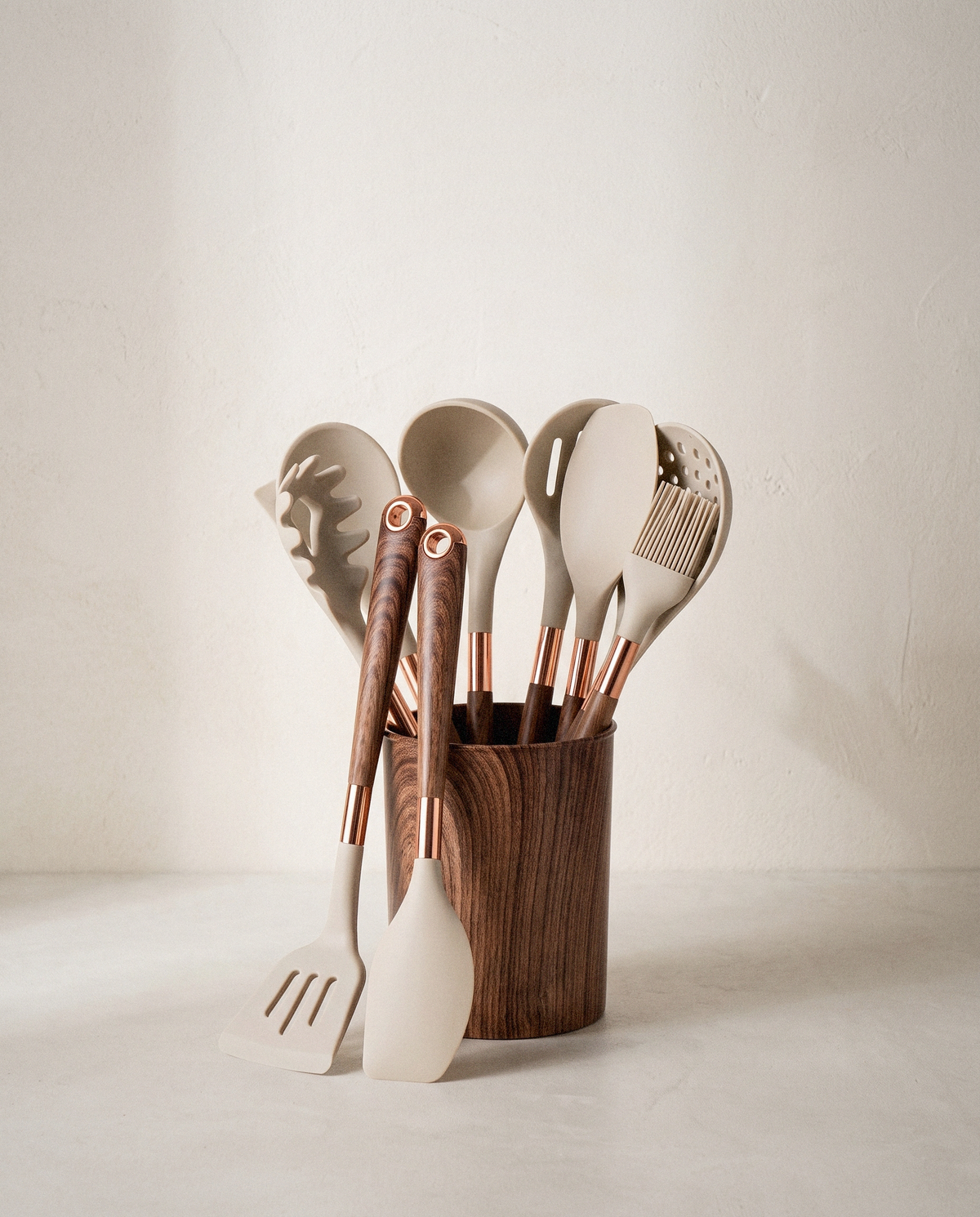 Wooden Handle Kitchen Tool Set, 10 Piece in a bright organic modern interior