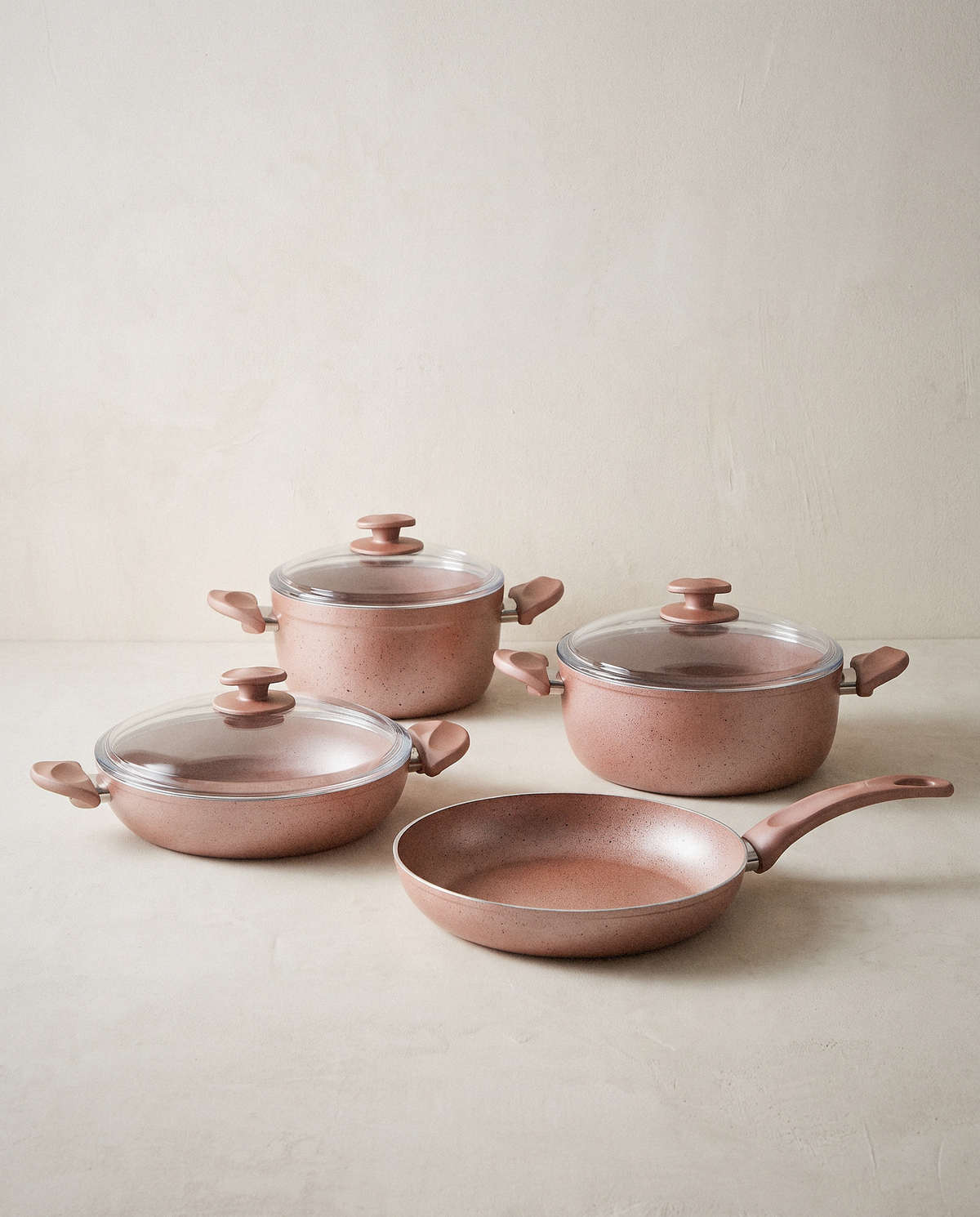 Papilla Pink Tuscany Cookware Set, 7 Piece in a bright organic modern interior