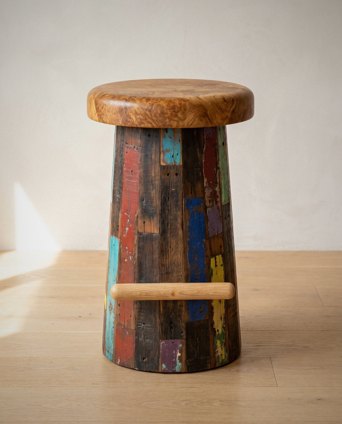 Reclaimed Boat Wood Bar Stool in a bright organic modern interior