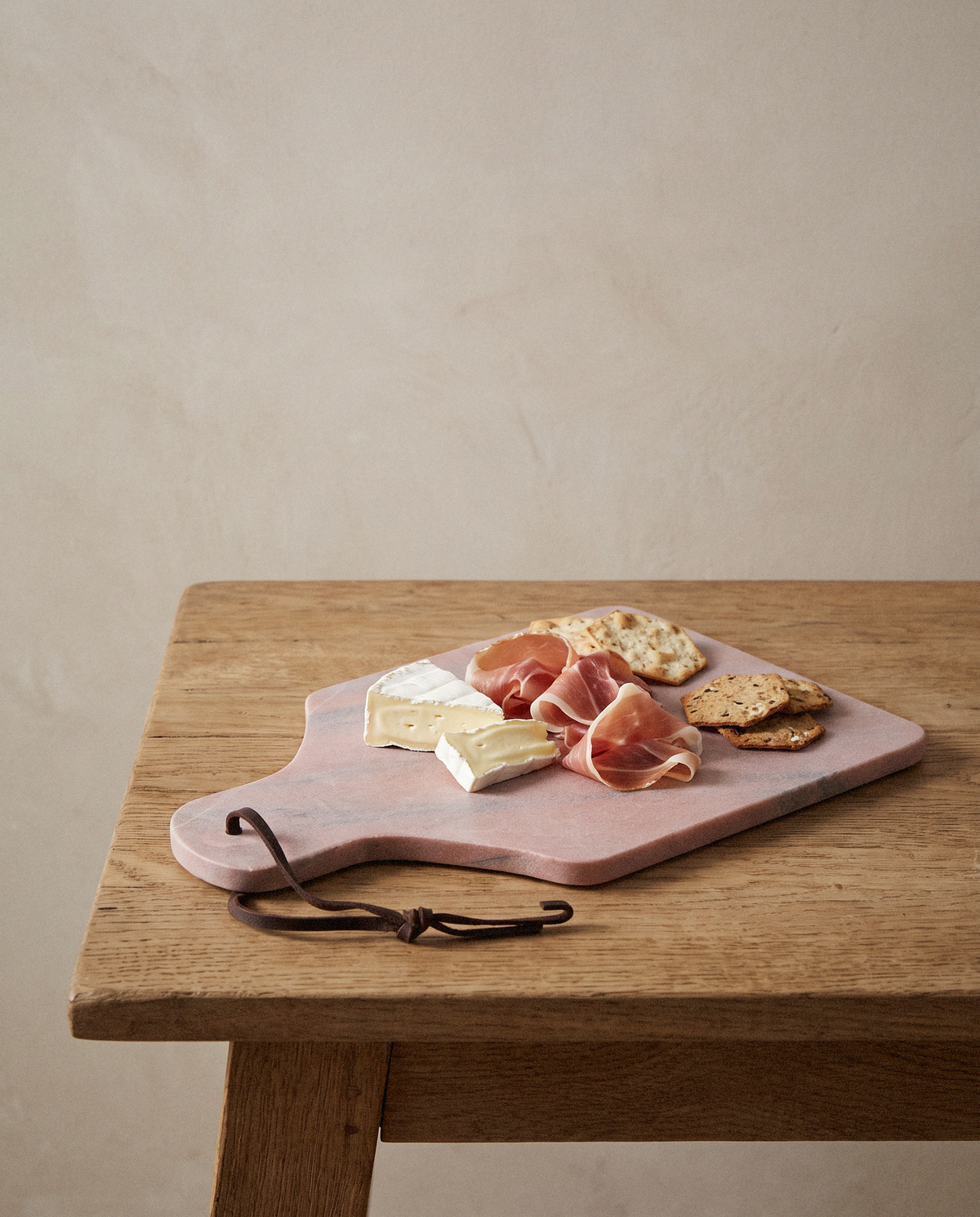 Clara Rose Marble Serving Board styled in a calm minimalist living space