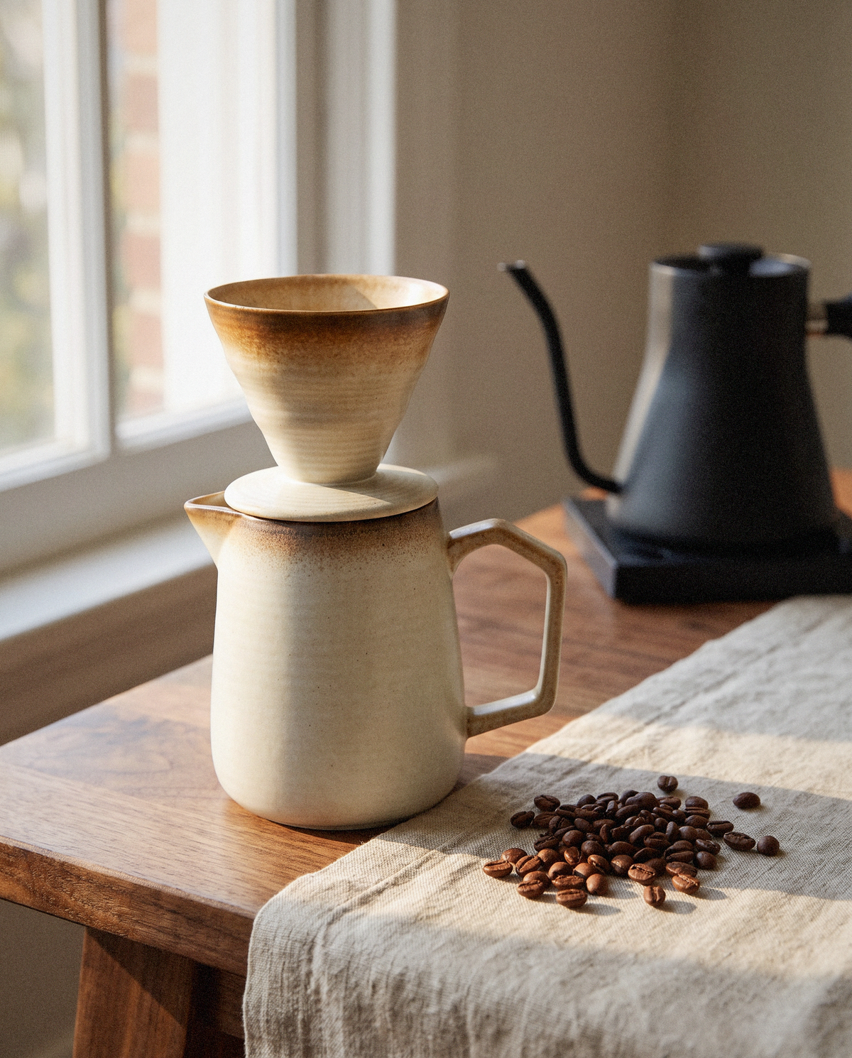 Earthy Stoneware Pour-Over Set styled in a calm minimalist living space