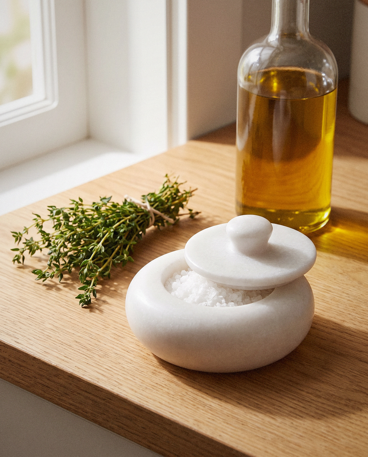 Marble Salt Cellar styled in a calm minimalist living space