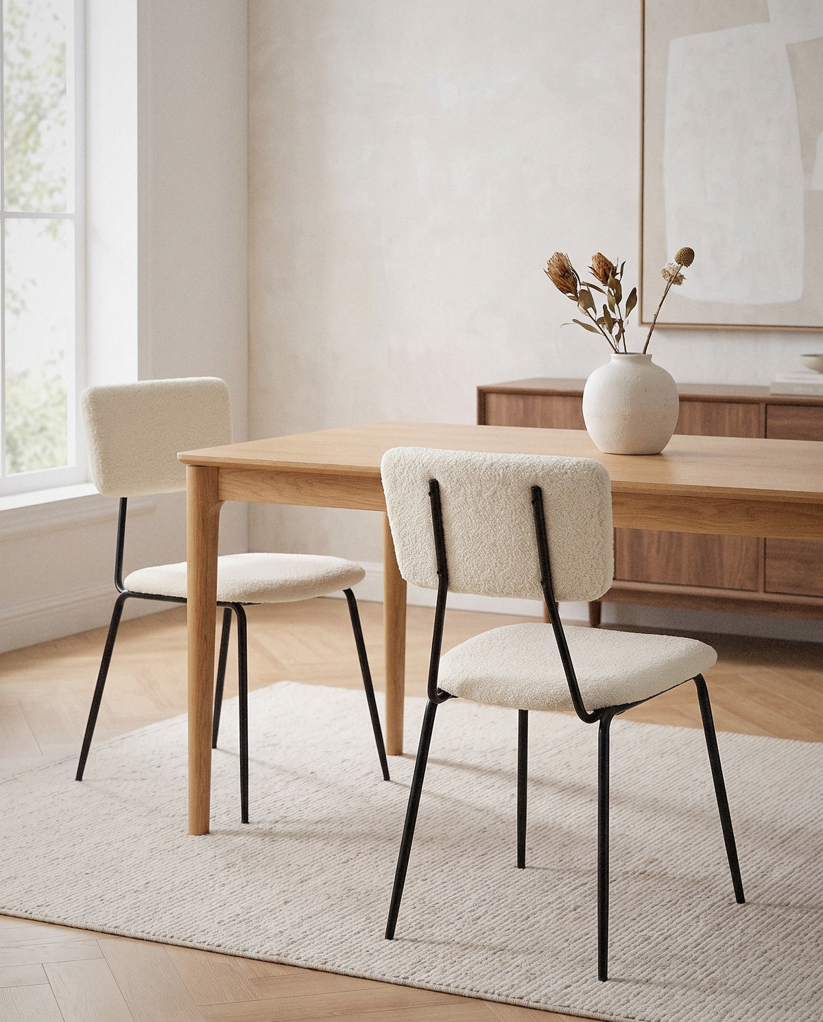 Bacyion Boucle Dining Chairs, Set of 2 styled in a calm minimalist living space