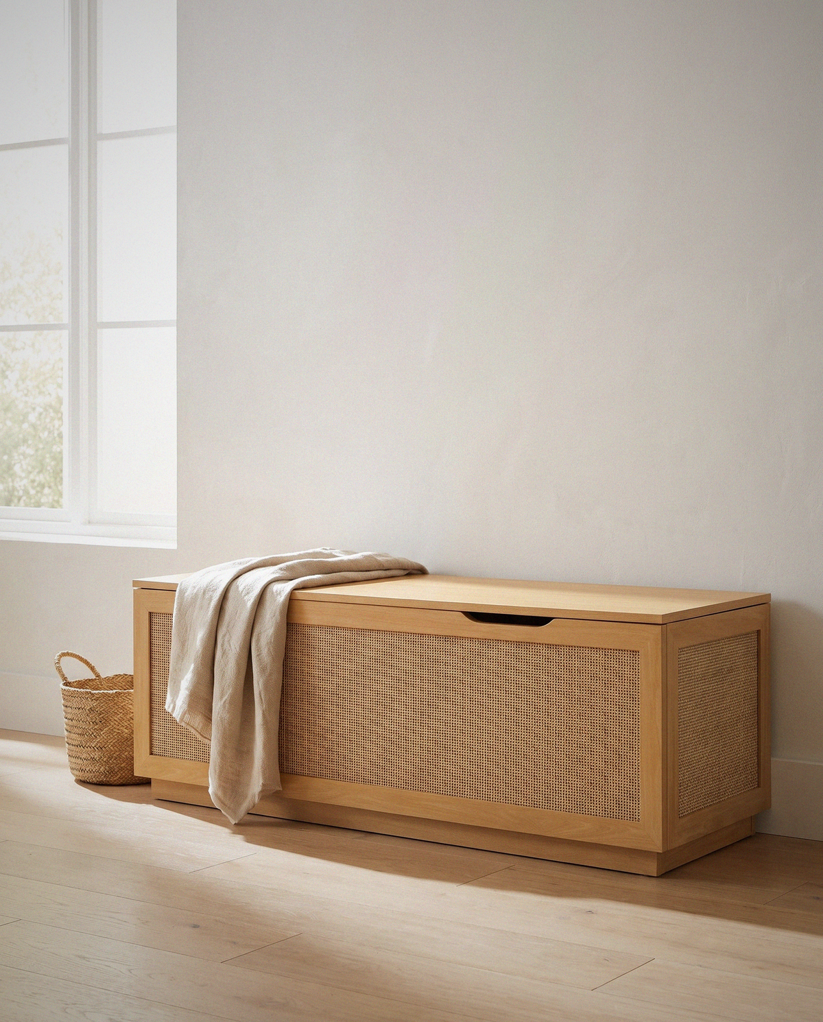 Soma Rattan Storage Bench styled in a calm minimalist living space
