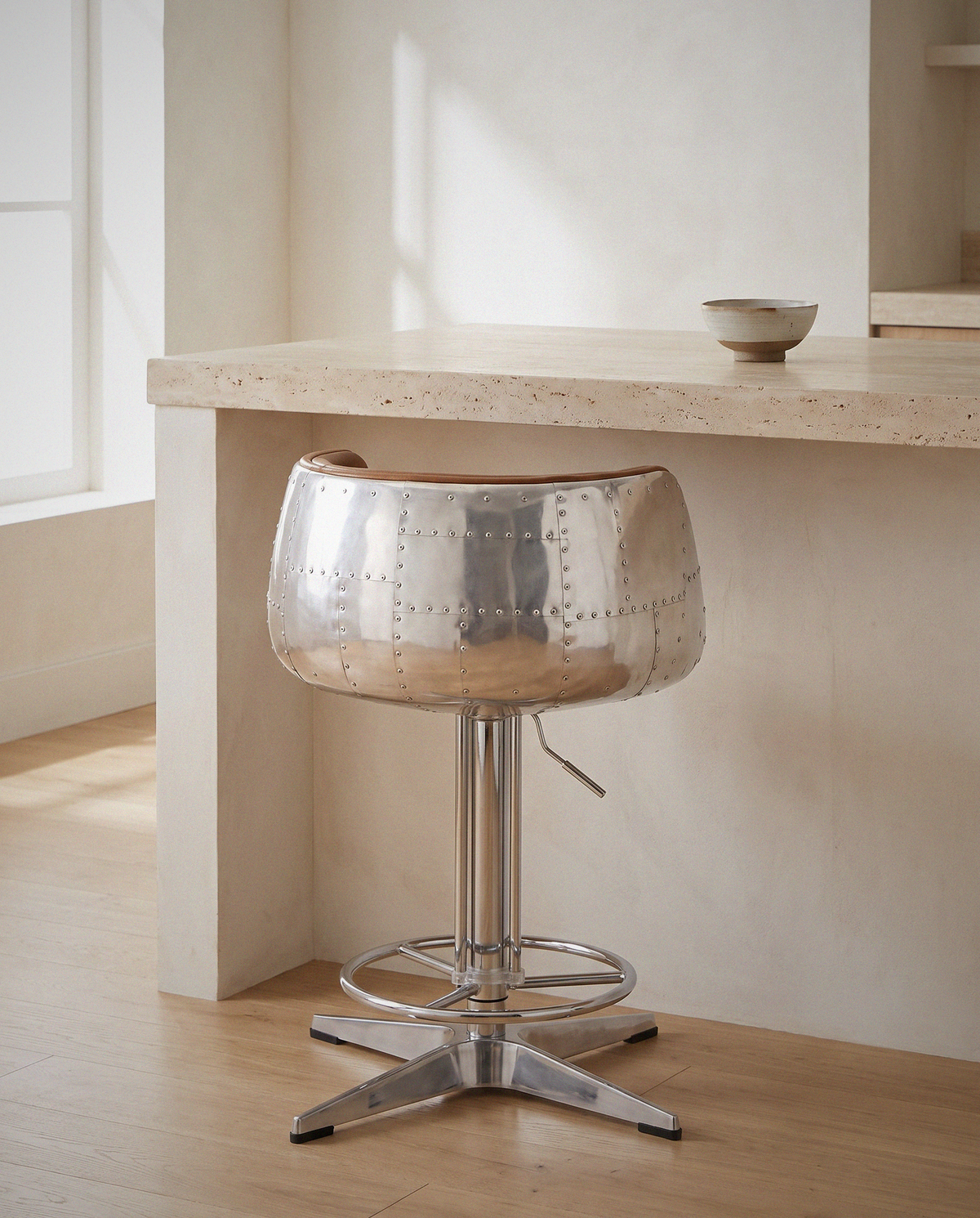 Aviator Leather Bar Stool styled in a calm minimalist living space