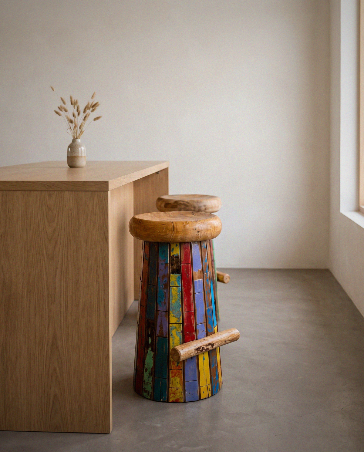 Reclaimed Boat Wood Bar Stool styled in a calm minimalist living space