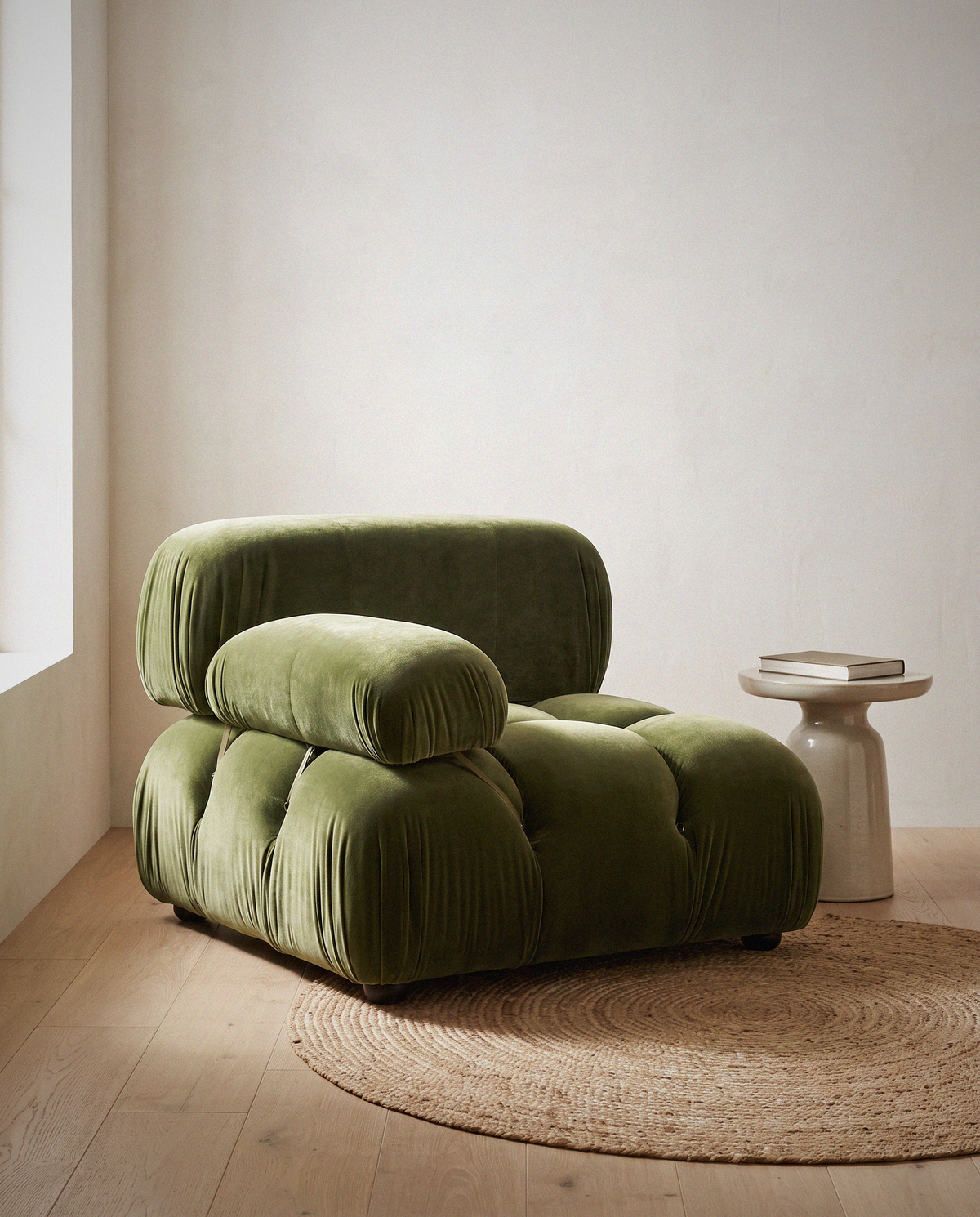 Marcel Bubble Lounge Chair styled in a calm minimalist living space