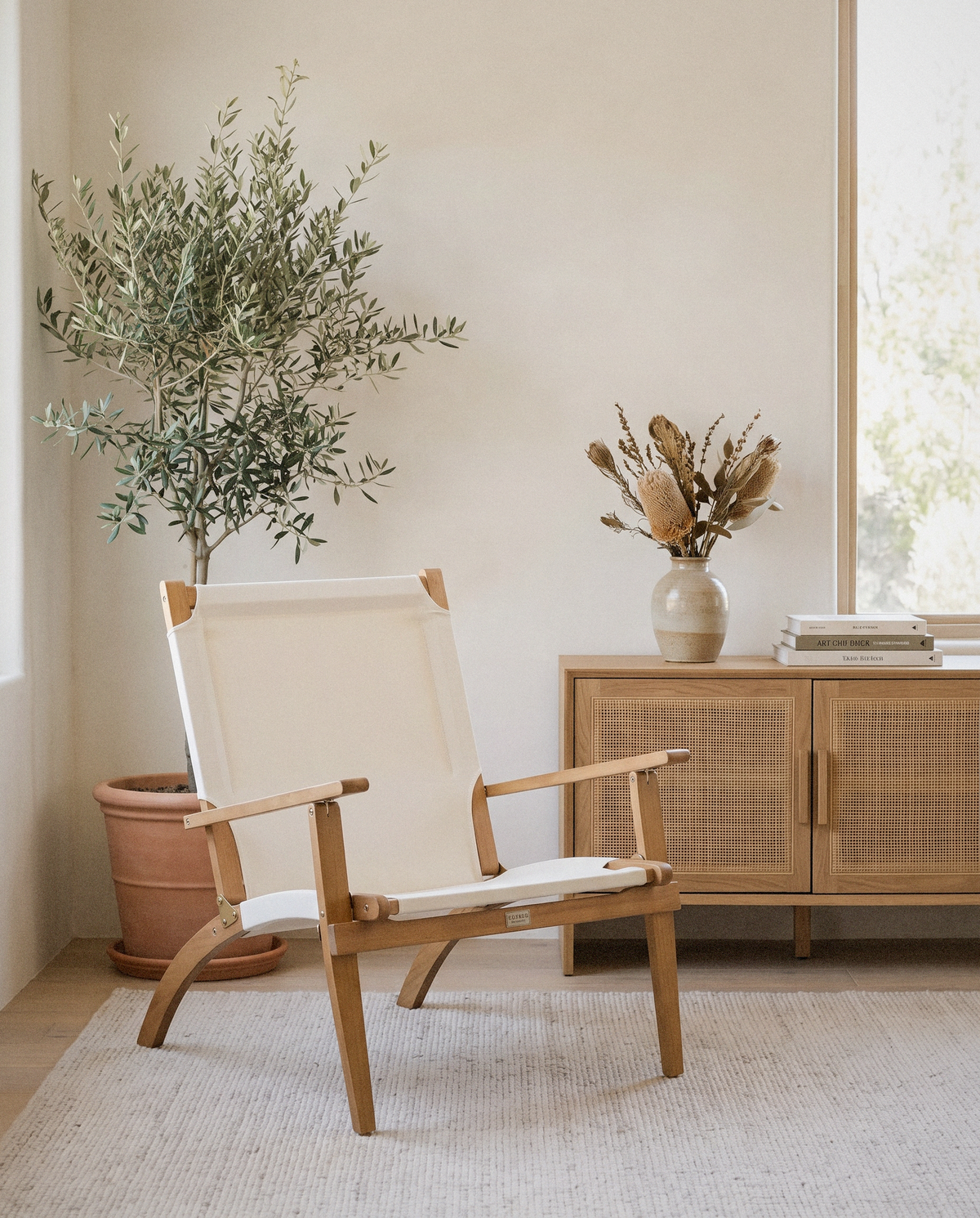 Walker Wooden Folding Chair styled in a calm minimalist living space