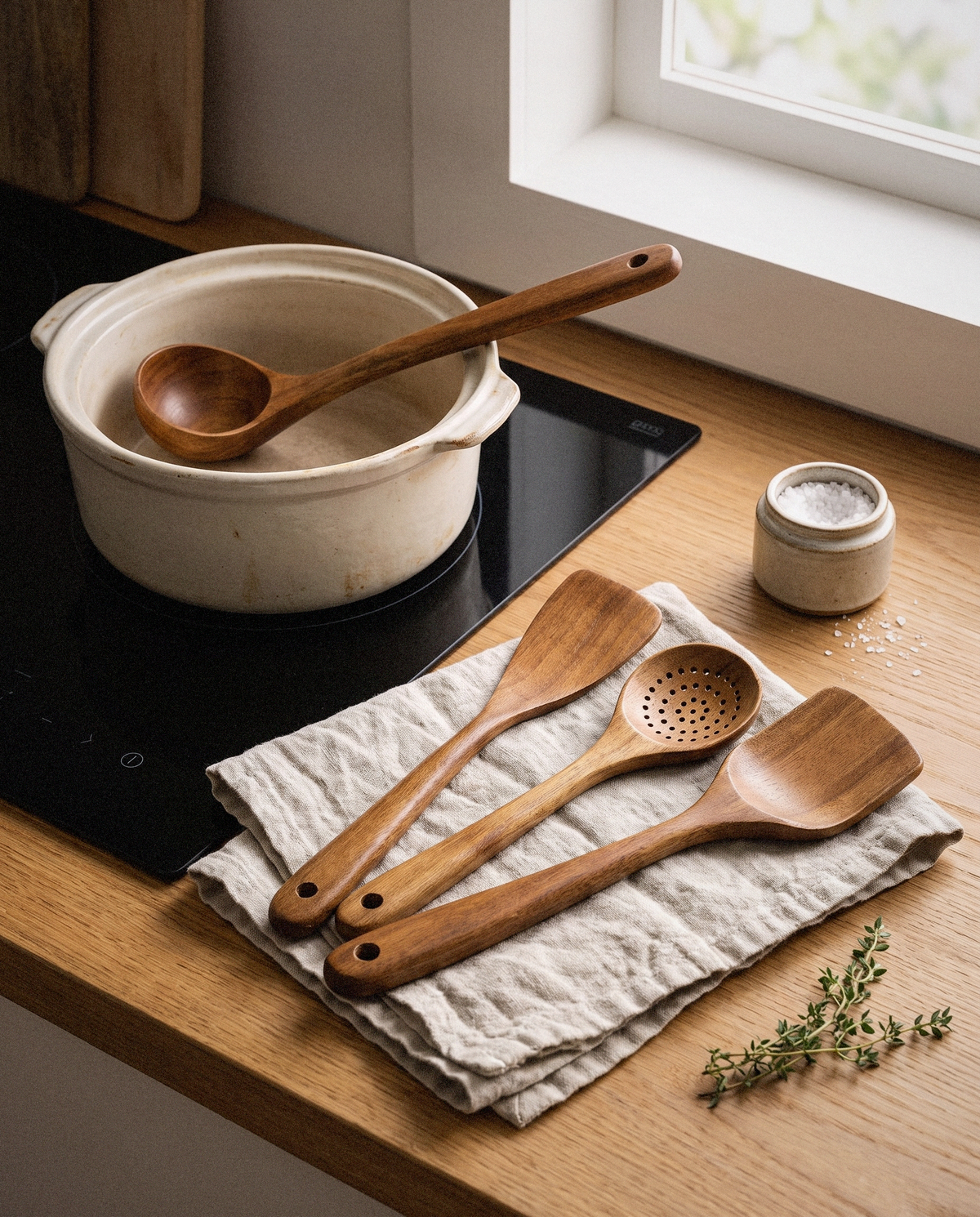 Nosara Teak Utensil Set styled in a calm minimalist living space